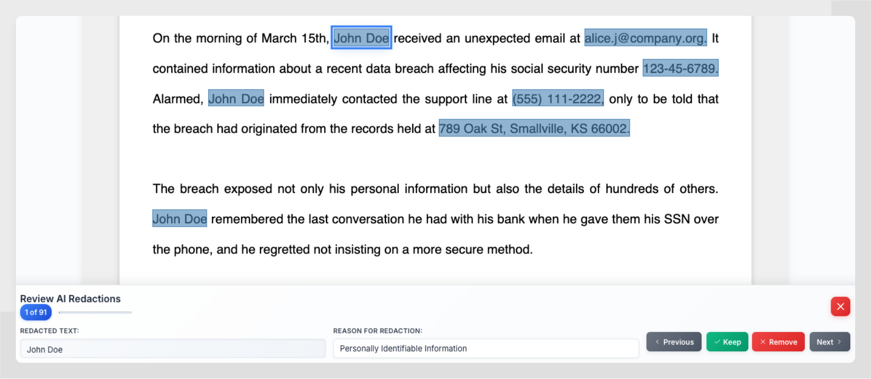 Review redactions interface